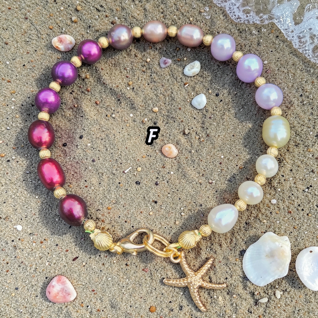 Freshwater Pearls Gold Starfish Charm Bracelet Purple Ombre, New Handmade